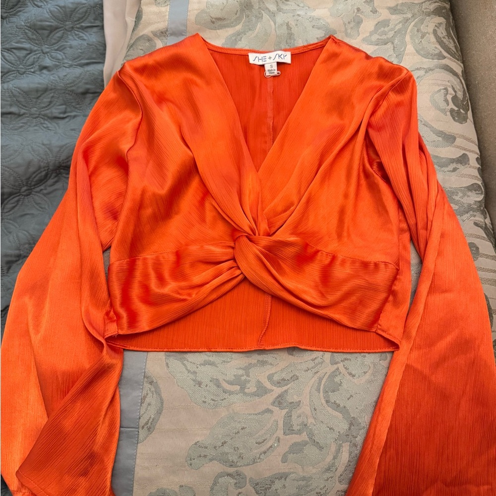 She + Sky Vibrant Orange Twist Front Blouse